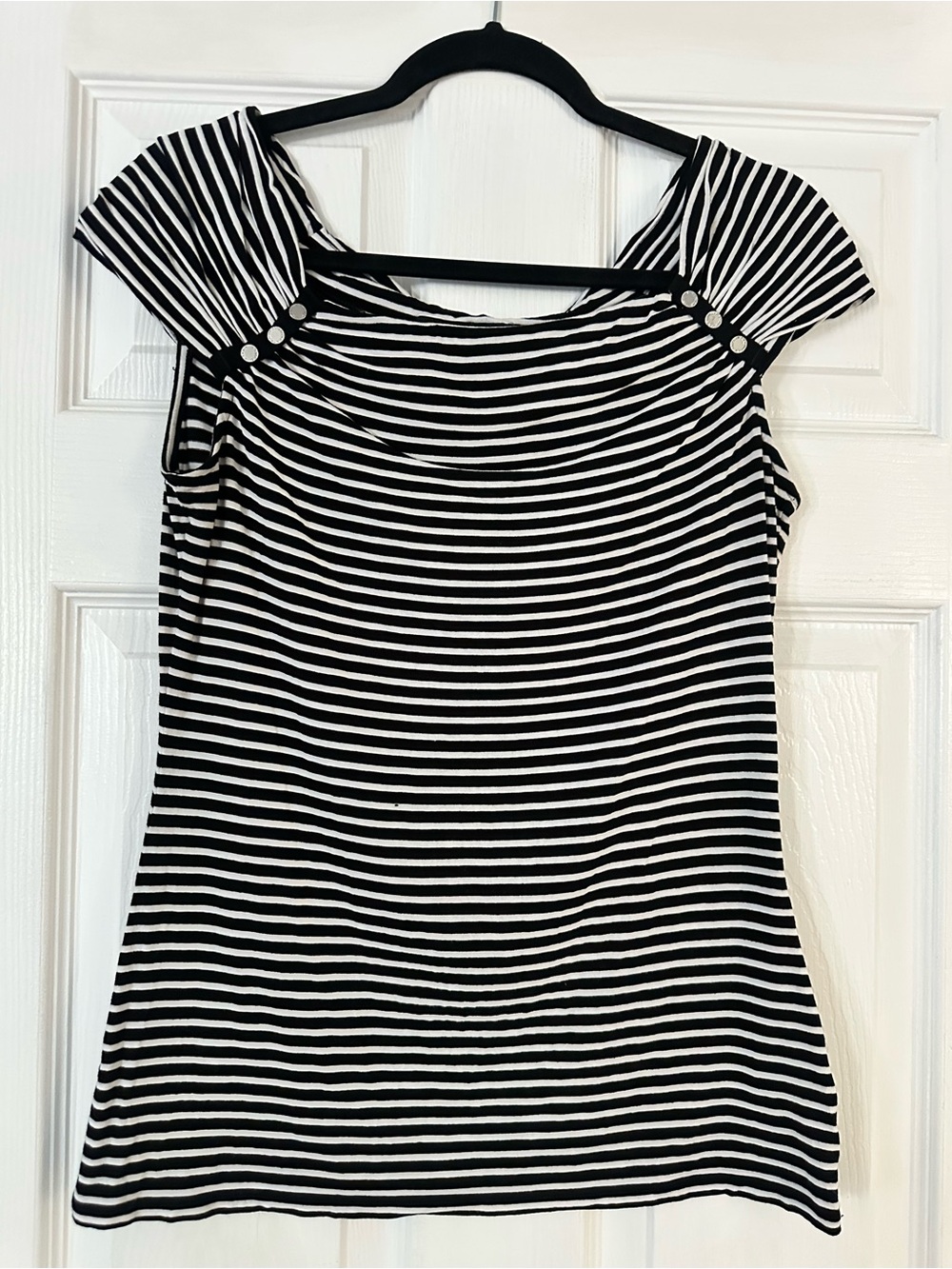 White House Black Market Black & White Striped Cap-Sleeve Women’s Top